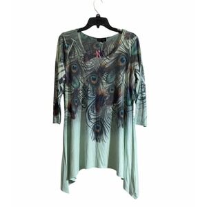 Vtg Cal Style Tunic Top Large Peacock Print Handkerchief Hem Feathers NWT